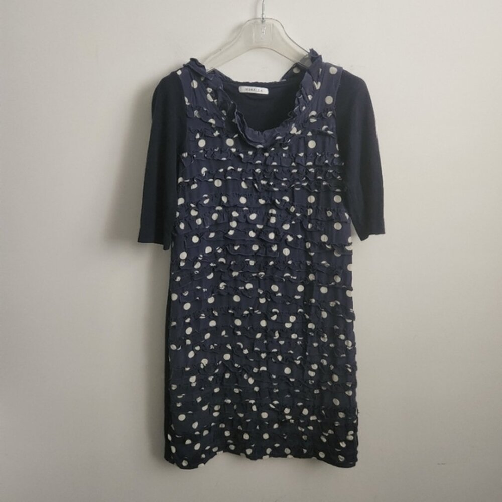 MARELLA  | silk cotton dress polka dot ruffles navy white  sz S